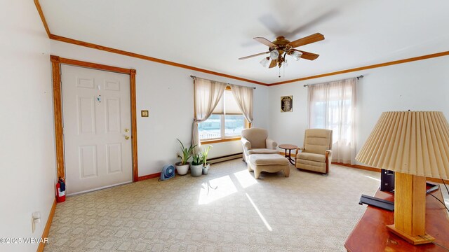 living area featuring crown molding, carpet, ceiling fan, and baseboard heating