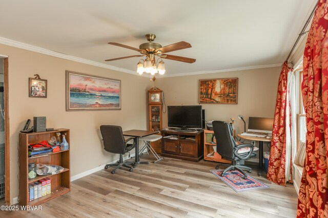 office area with baseboards, ceiling fan, light wood-style floors, and ornamental molding