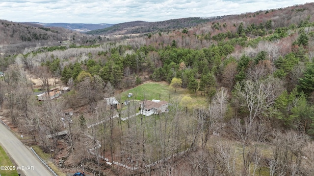 bird's eye view featuring a forest view and a mountain view