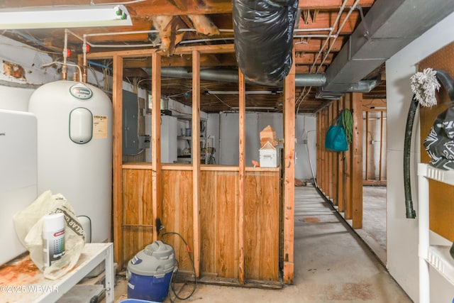 unfinished basement with electric panel and electric water heater