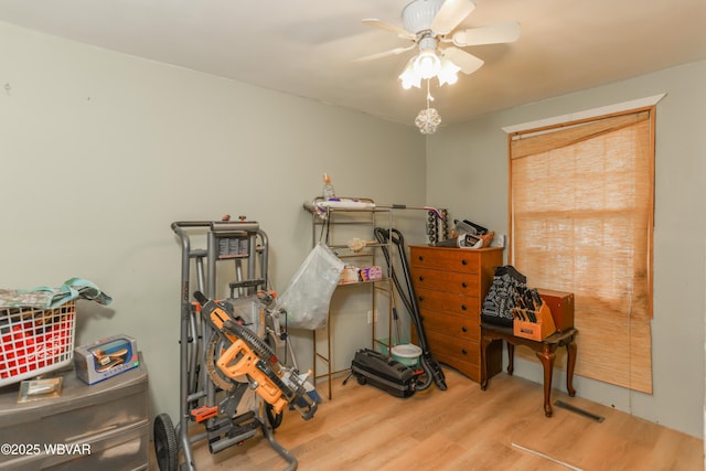 miscellaneous room featuring ceiling fan and wood finished floors