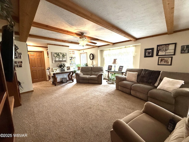 living room featuring beam ceiling, a textured ceiling, carpet floors, and a ceiling fan