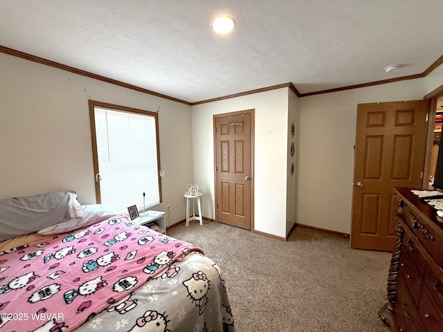 bedroom featuring light colored carpet, a textured ceiling, crown molding, and baseboards