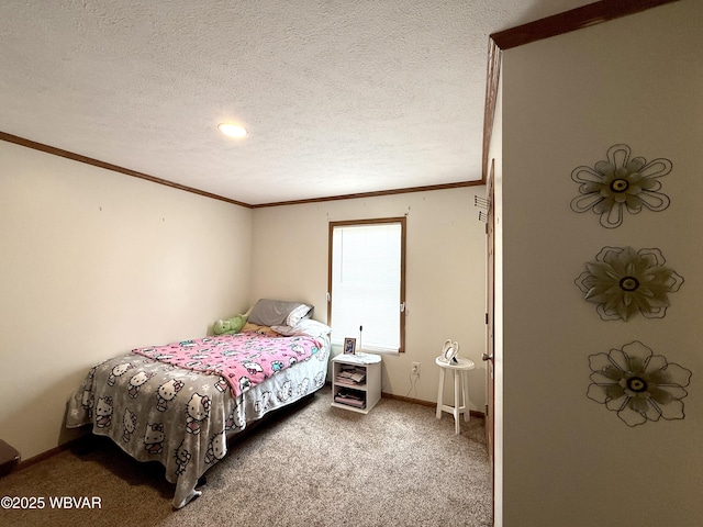 carpeted bedroom featuring baseboards, a textured ceiling, and crown molding