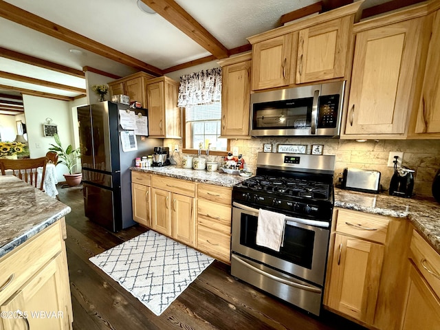 kitchen with beam ceiling, dark wood-style floors, backsplash, and stainless steel appliances