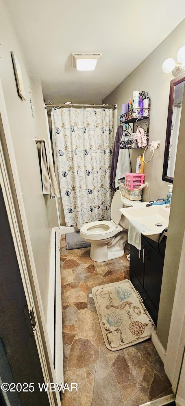 103 Lower Market St, Milton, PA 17847 - bathroom featuring stone finish floors, toilet, vanity, and a shower with curtain