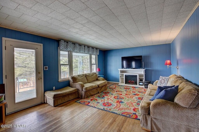 living area featuring a fireplace and wood finished floors