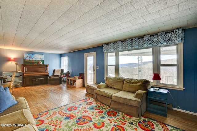 living room featuring a mountain view, wood finished floors, a wealth of natural light, and baseboards