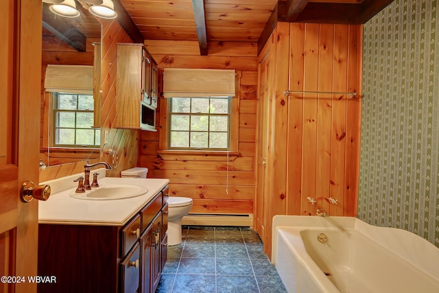 bathroom featuring wooden ceiling, a baseboard radiator, and wood walls