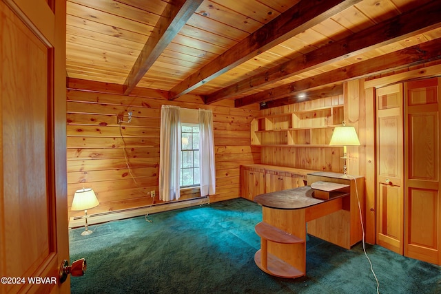 unfurnished office featuring dark colored carpet, a baseboard radiator, beam ceiling, and wooden walls