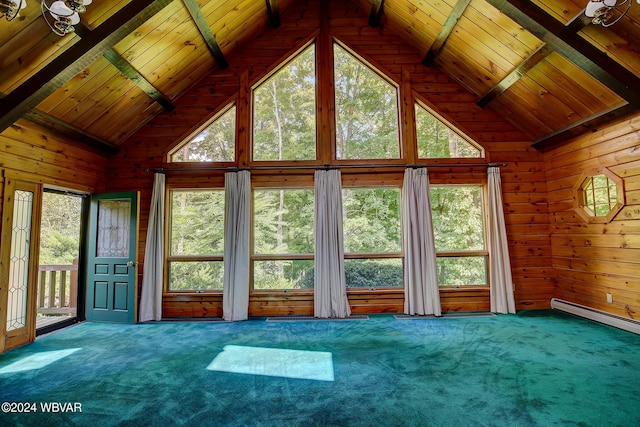 unfurnished sunroom with vaulted ceiling with beams, wood ceiling, and baseboard heating