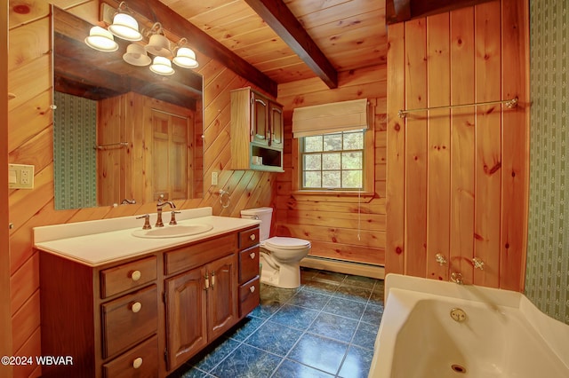 bathroom with wooden ceiling, a baseboard radiator, toilet, beam ceiling, and a bathtub