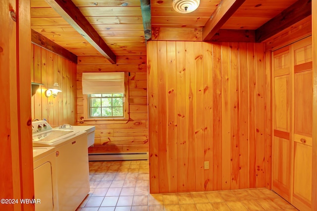 bathroom with wood ceiling, baseboard heating, and beam ceiling