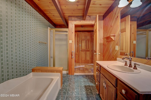 bathroom featuring wooden ceiling, a tub, an enclosed shower, vanity, and beam ceiling