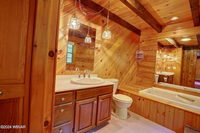 full bathroom with toilet, a tub, vanity, wood walls, and beam ceiling