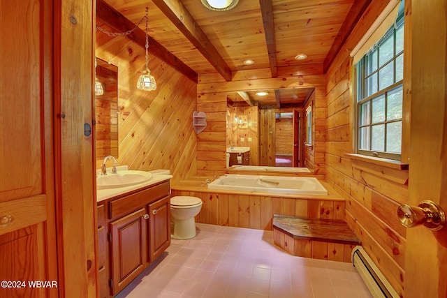 full bathroom with a garden tub, wooden walls, a baseboard heating unit, wood ceiling, and beam ceiling