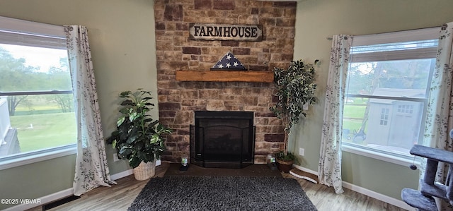 250 Mclaughlin Rd, Milton, PA 17847 - detailed view of a fireplace, wood finished floors, and baseboards