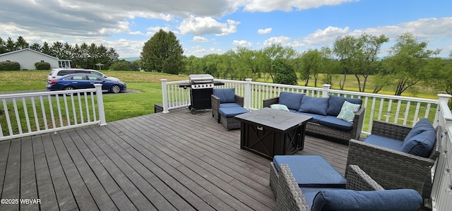 250 Mclaughlin Rd, Milton, PA 17847 - deck with outdoor lounge area, a grill, a lawn, and view of scattered trees
