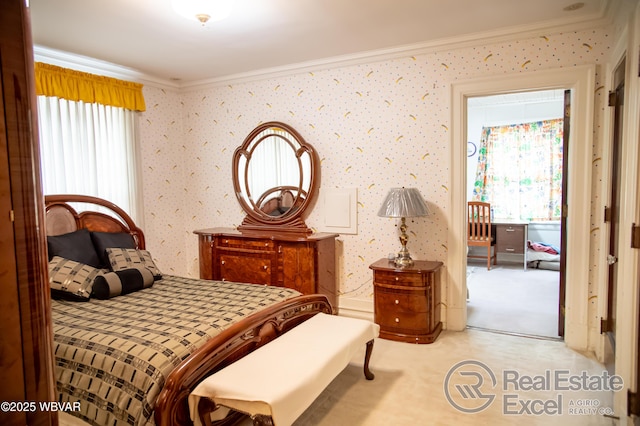 bedroom with light colored carpet and ornamental molding