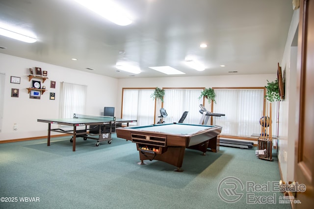 rec room with a wealth of natural light, carpet floors, and billiards