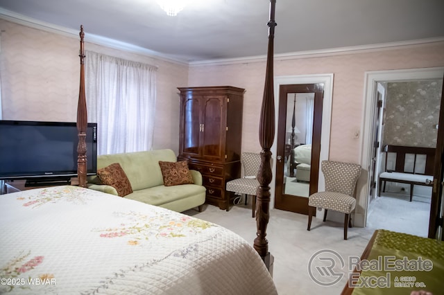 bedroom featuring light carpet and ornamental molding