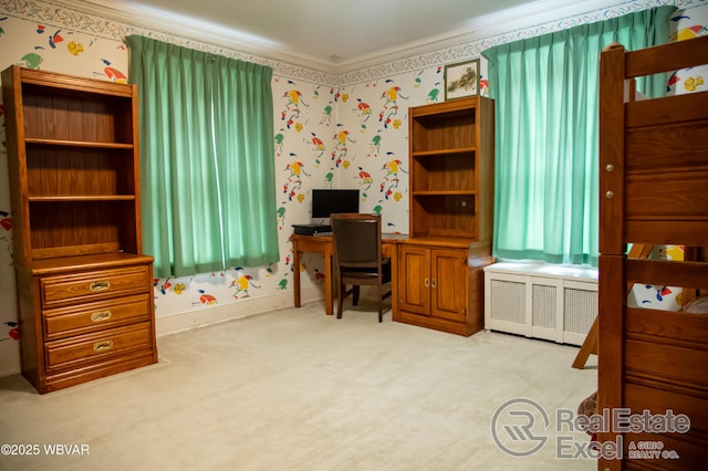 bedroom with radiator, ornamental molding, and carpet flooring