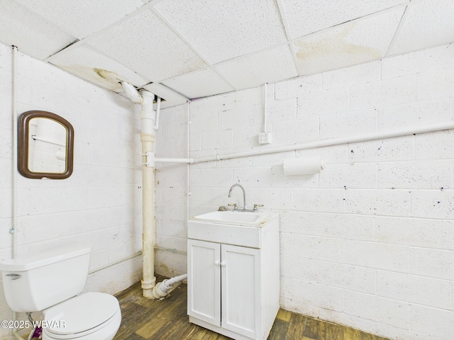 bathroom with concrete block wall, vanity, toilet, and wood finished floors