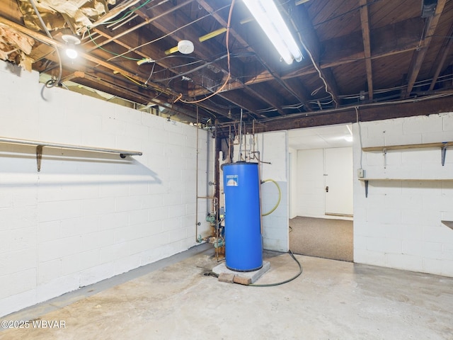 unfinished basement with water heater and concrete block wall