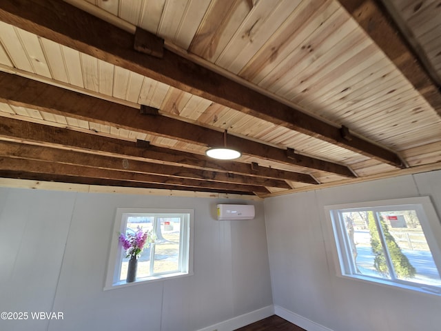 interior space featuring dark wood-type flooring, a wall mounted AC, wooden ceiling, and beam ceiling