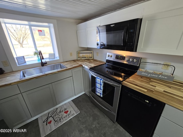 kitchen with white cabinetry, sink, wood counters, and black appliances