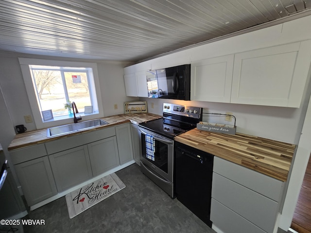 kitchen with white cabinetry, sink, wood counters, and black appliances