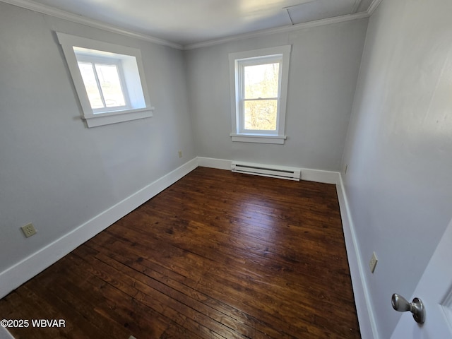 unfurnished room featuring dark wood-type flooring, a baseboard radiator, and crown molding