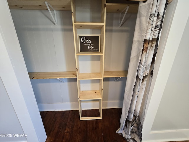 spacious closet featuring dark hardwood / wood-style floors