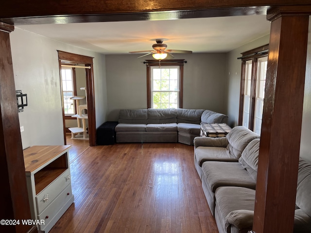 living room featuring ceiling fan and dark hardwood / wood-style floors