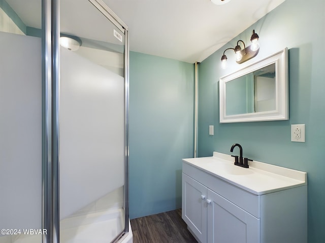 bathroom with vanity, a shower with shower door, and wood-type flooring