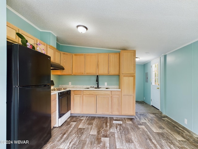 kitchen with black refrigerator, sink, dark hardwood / wood-style floors, light brown cabinetry, and gas range gas stove