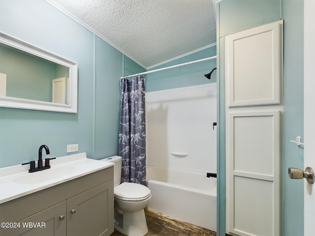 full bathroom featuring vanity, a textured ceiling, vaulted ceiling, shower / bath combo with shower curtain, and hardwood / wood-style floors