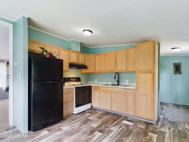 kitchen with black refrigerator, white range oven, wood-type flooring, and sink