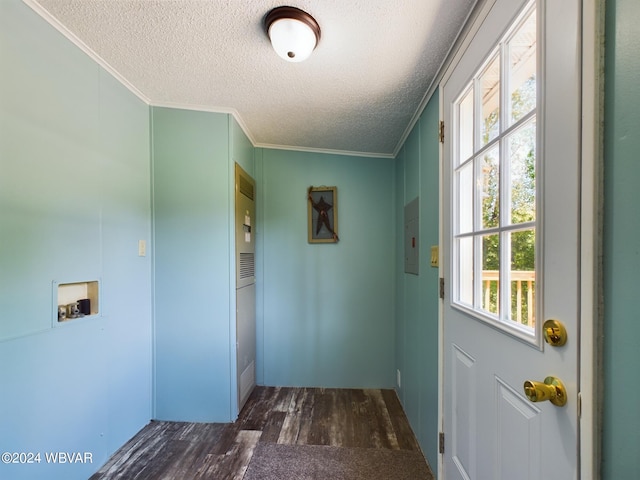 entryway with ornamental molding, a textured ceiling, plenty of natural light, and dark wood-type flooring