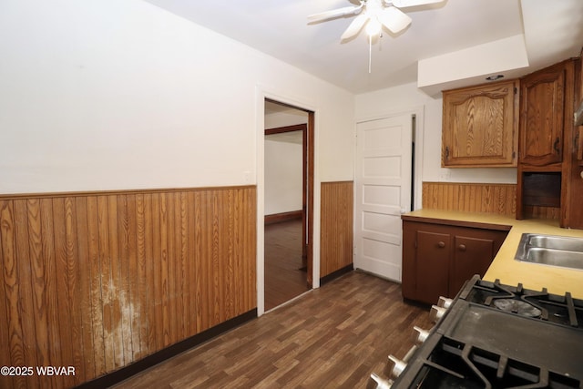 kitchen with ceiling fan, dark wood-type flooring, sink, and wooden walls