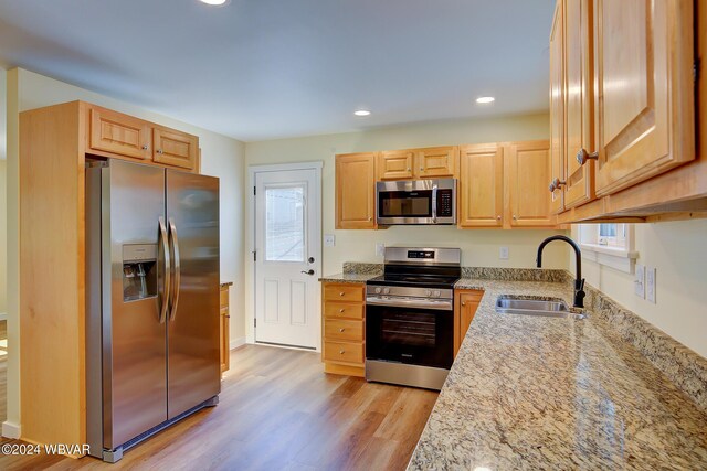 kitchen with a healthy amount of sunlight, sink, stainless steel appliances, and light wood-type flooring