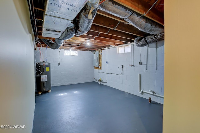 basement with electric panel and electric water heater