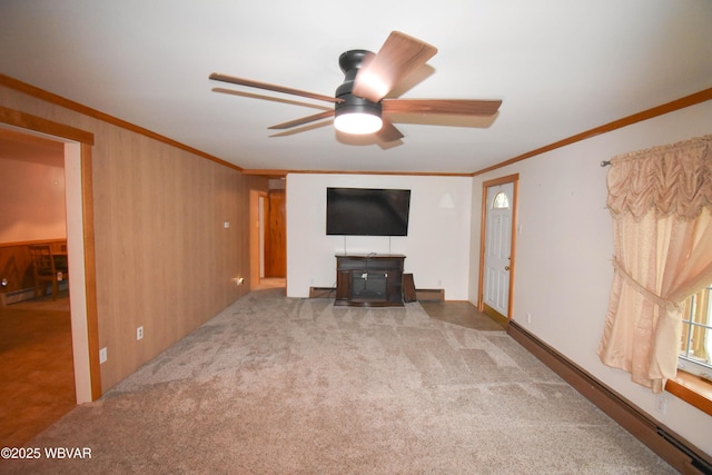 992-998 Eagle Valley Rd, Beech Creek, PA 16822 - unfurnished living room featuring a ceiling fan, crown molding, carpet, and baseboard heating