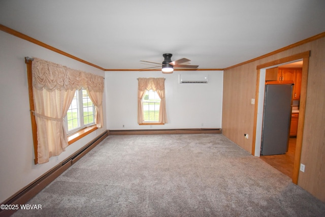 992-998 Eagle Valley Rd, Beech Creek, PA 16822 - empty room with ornamental molding, an AC wall unit, carpet floors, ceiling fan, and baseboard heating