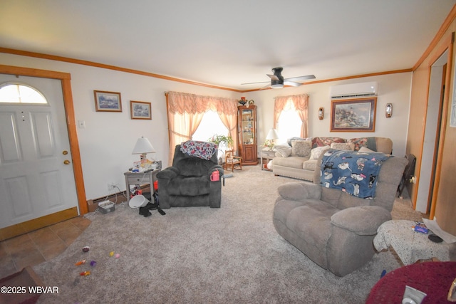 living area with carpet floors, a ceiling fan, crown molding, and a wall mounted AC