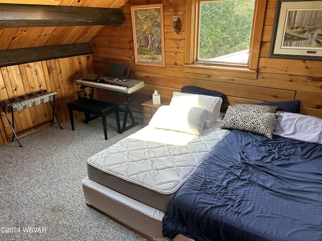 carpeted bedroom with vaulted ceiling with beams, wooden walls, and wooden ceiling