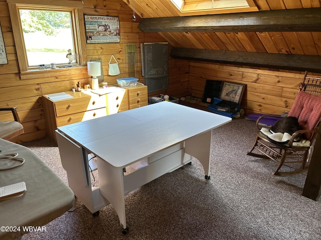 game room featuring carpet flooring, vaulted ceiling with beams, wooden walls, and wood ceiling