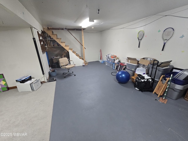 finished basement featuring stairway