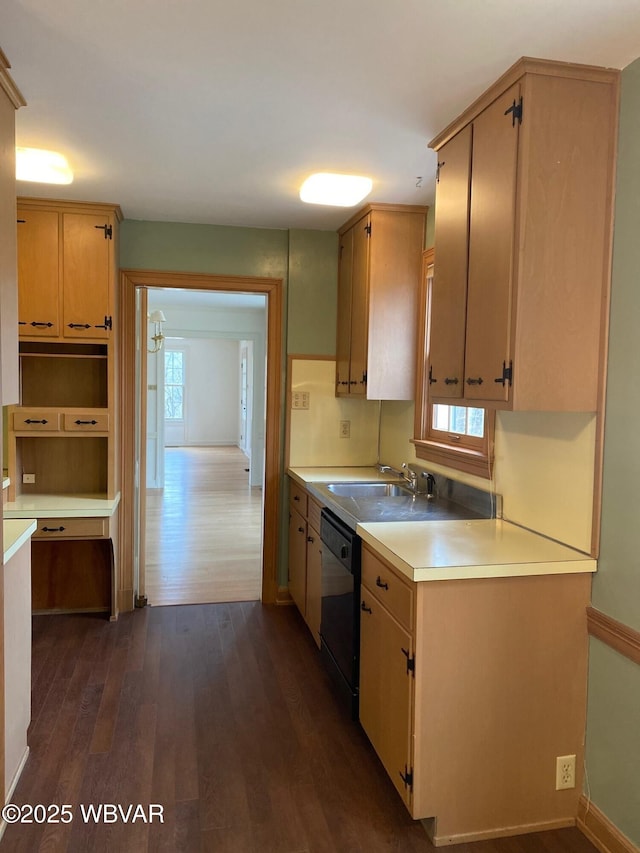 kitchen featuring black dishwasher, dark wood finished floors, light countertops, a healthy amount of sunlight, and a sink