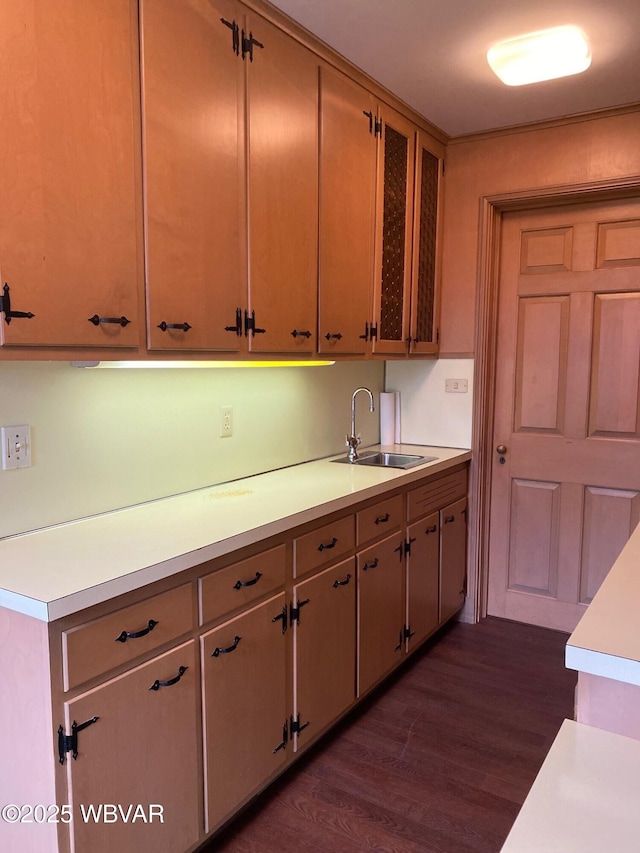 kitchen featuring light countertops, dark wood-style flooring, and a sink